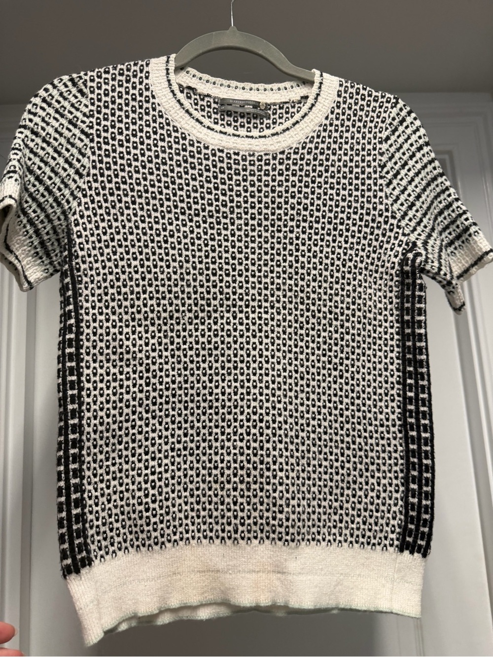 Anthropologie Black and White Knit Short-Sleeve Crewneck Sweater